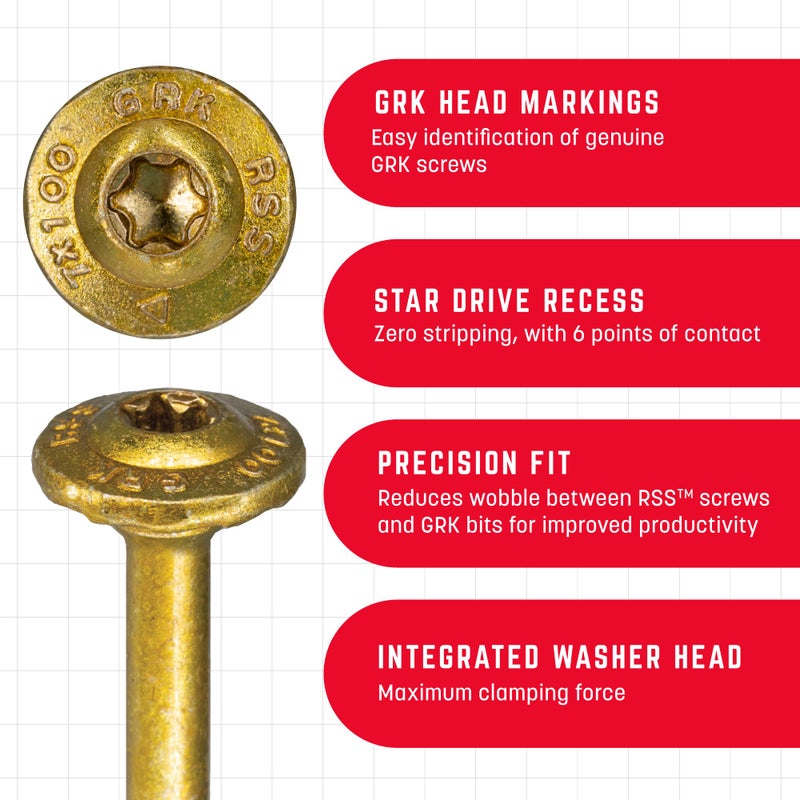 GRK Fasteners RSSâ„¢ 5/16 x 3-1/8 Inch, Structural Screws, 100 PCS, Rust Resistant Climatekâ„¢ Coating, Heavy-Duty Framing & Decking Screws, Fast Bite Tip, Star Drive Recess, T-30 Bit Included, Gold - Image 2